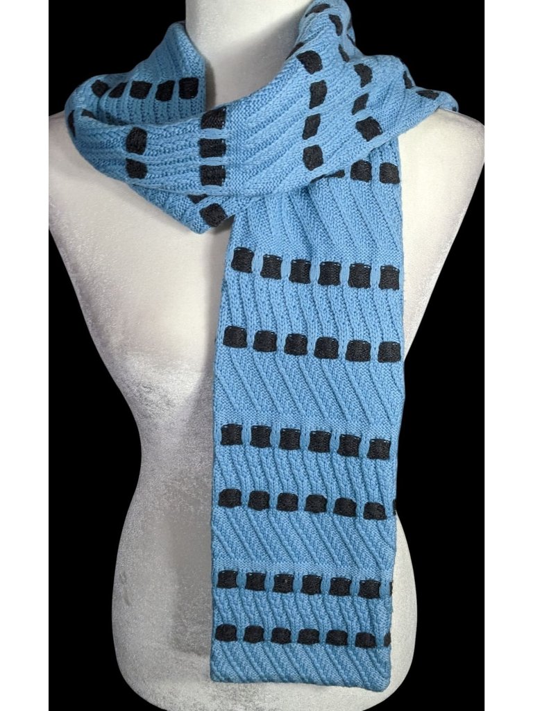 St. John Sport By Marie Gray Blue Knit Scarf With Black Square Pattern 59x6 Inch